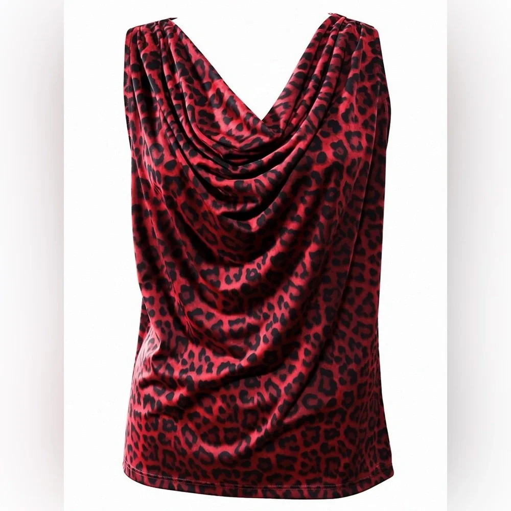 Michael Kors Red Black Animal Print tank top cowl neck SMALL gold bar sleeveless - Picture 2 of 16
